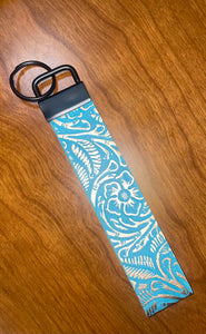 Turquoise tooled leather wristlet key chain