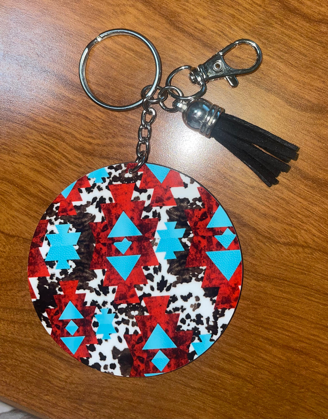 Aztec cowhide wood keychain