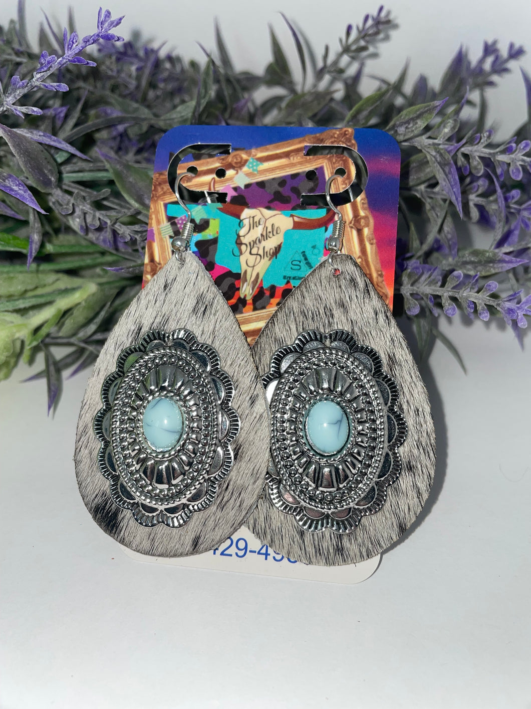 Tear drop cowhide with turquoise concho earrings