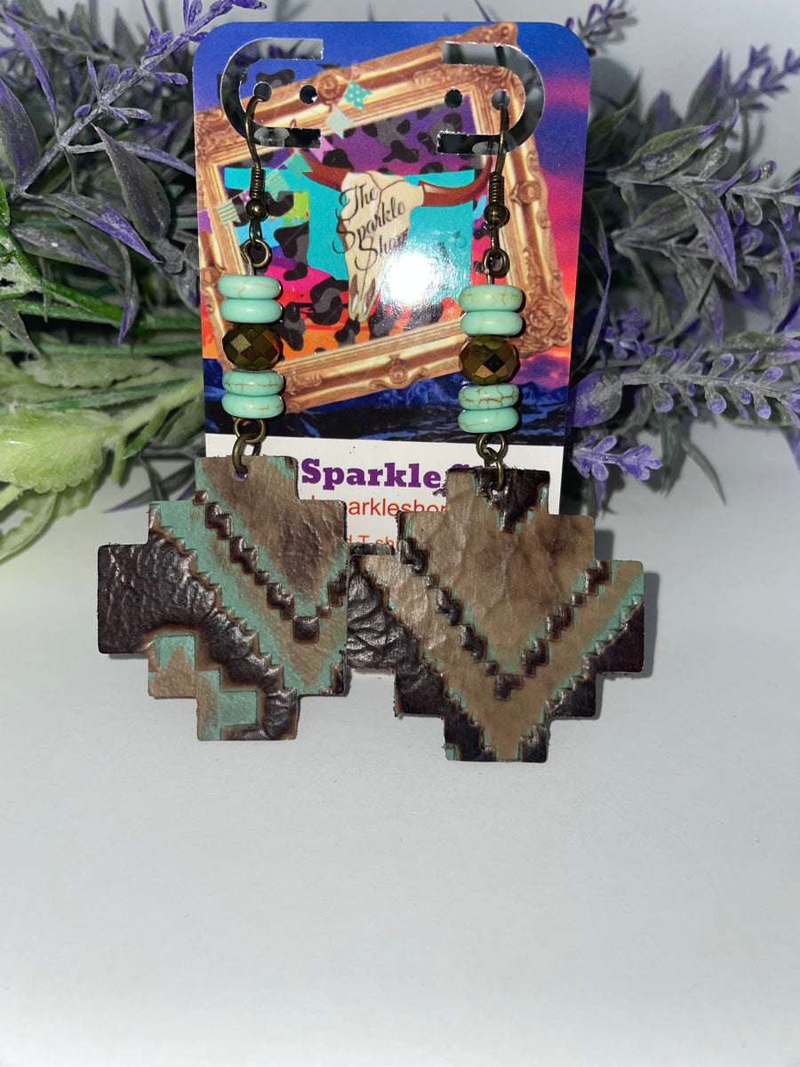 Green turquoise and brown tooled leather aztec shaped earrings. – K ...