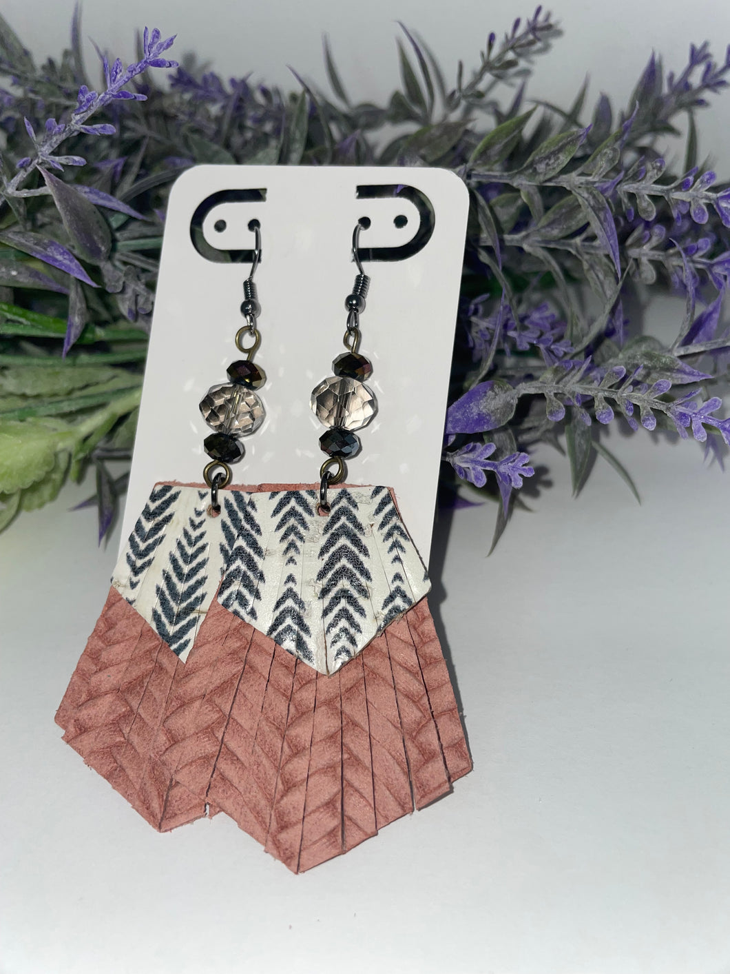 Mauve and gray fan fringe earrings with crystals.