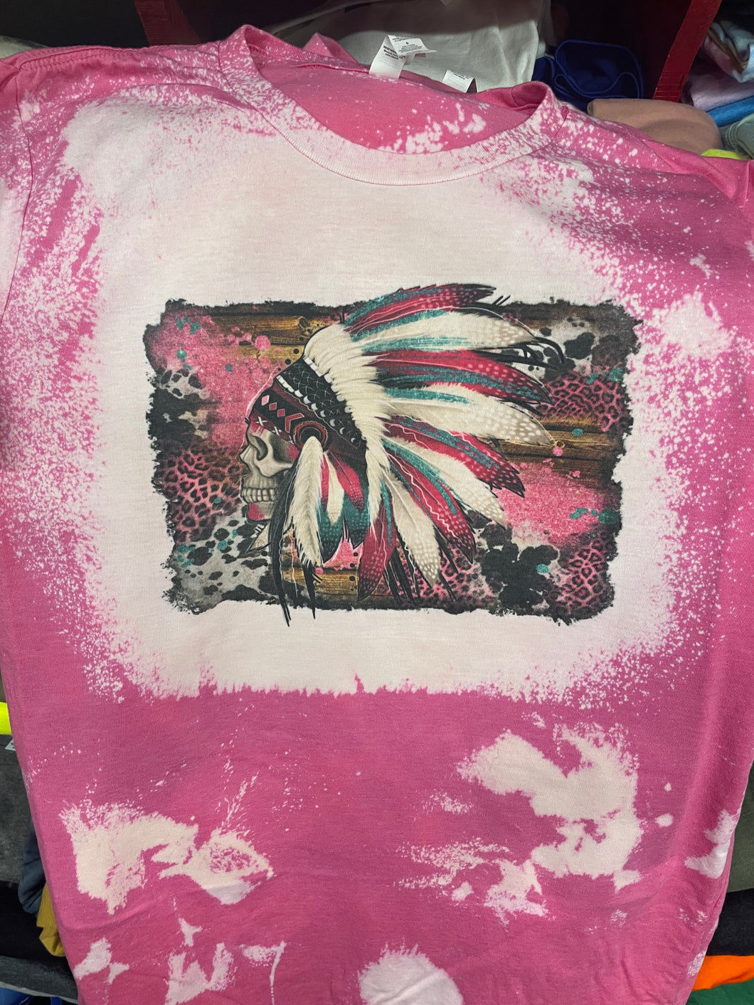 Pink native skull headdress bleached tee.