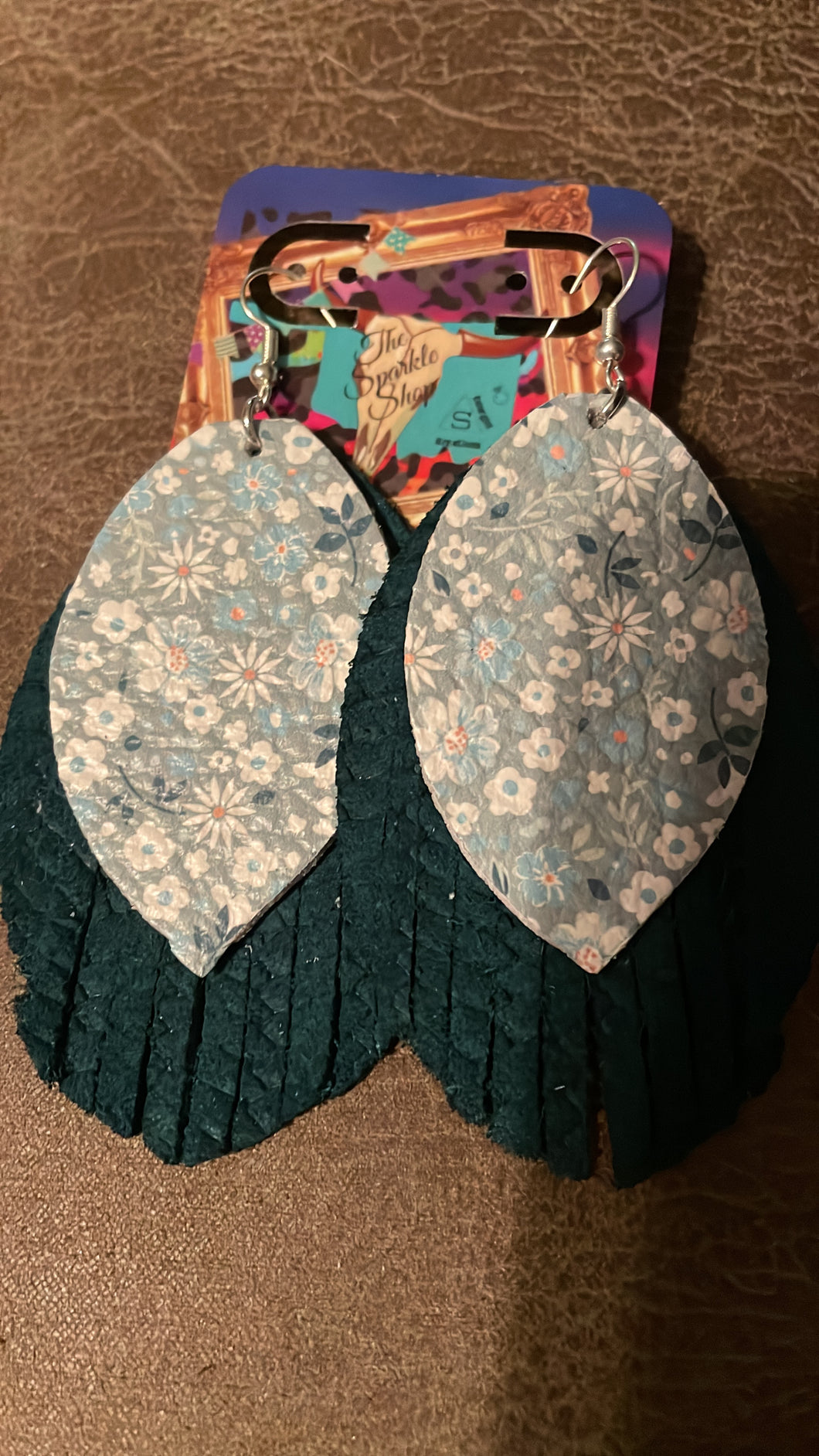 Teal blue floral leaf with fringe