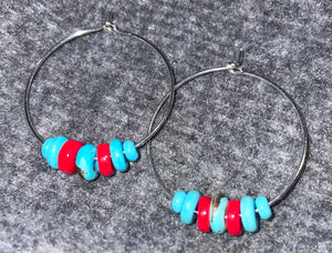 Red & Turquoise silver hoop earrings