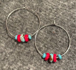 Red & Turquoise silver hoop earrings