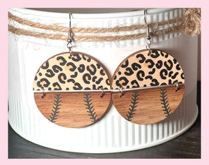 Leopard baseball/softball engraved wood Earrings