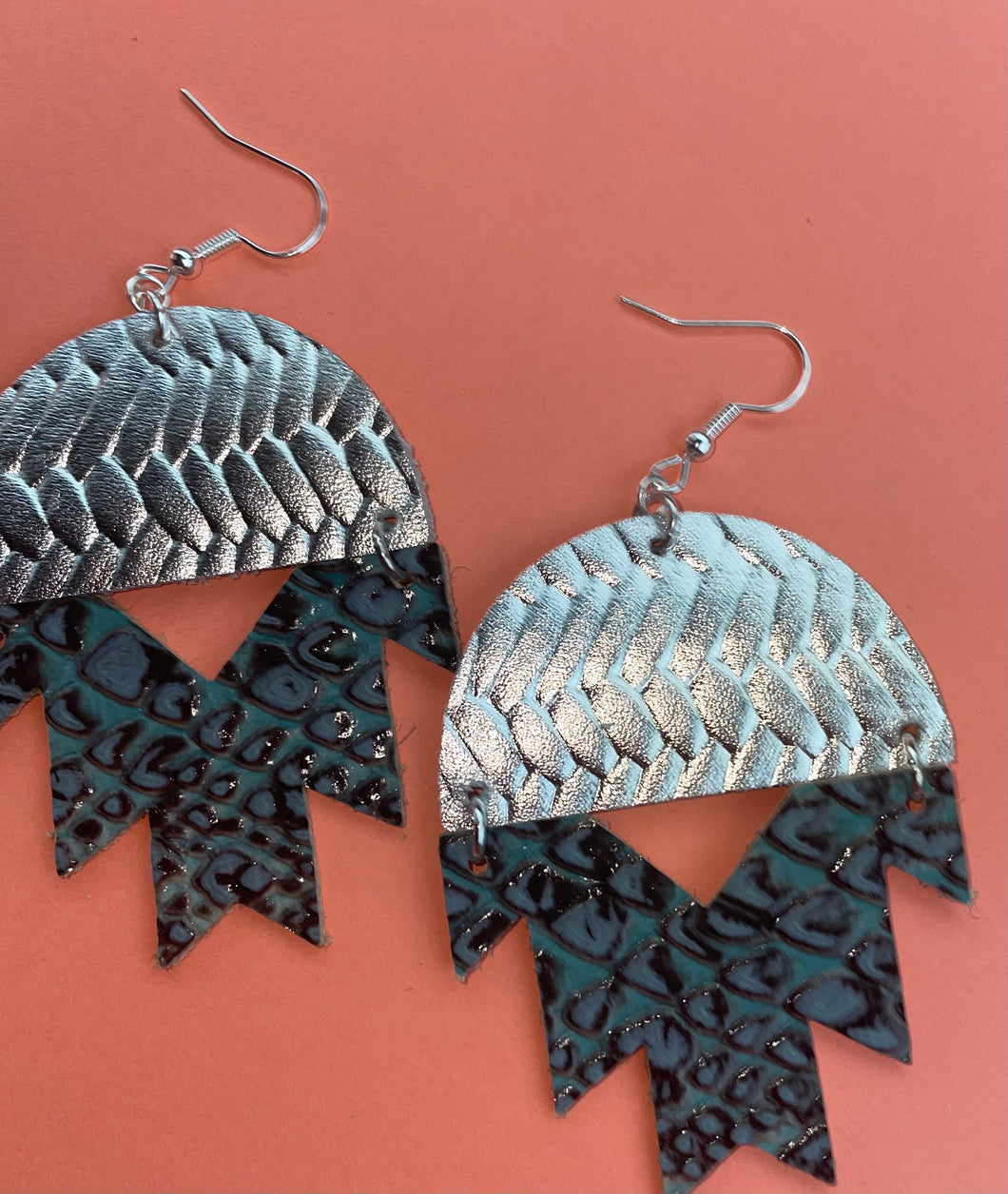 Silver and blue snake skin Aztec metallic leather earrings