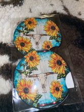 Load image into Gallery viewer, Car cup koozies coasters.  Sunflower longhorn, cowgirl &amp; roses, floral highland cow, western boho sunflower leapord.
