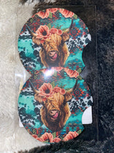 Load image into Gallery viewer, Car cup koozies coasters.  Sunflower longhorn, cowgirl &amp; roses, floral highland cow, western boho sunflower leapord.
