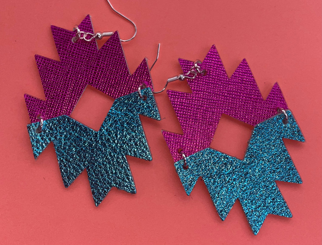 Hot pink and turquoise Aztec metallic leather earrings