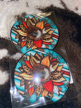 Load image into Gallery viewer, Car cup koozies coasters.  Sunflower longhorn, cowgirl &amp; roses, floral highland cow, western boho sunflower leapord.
