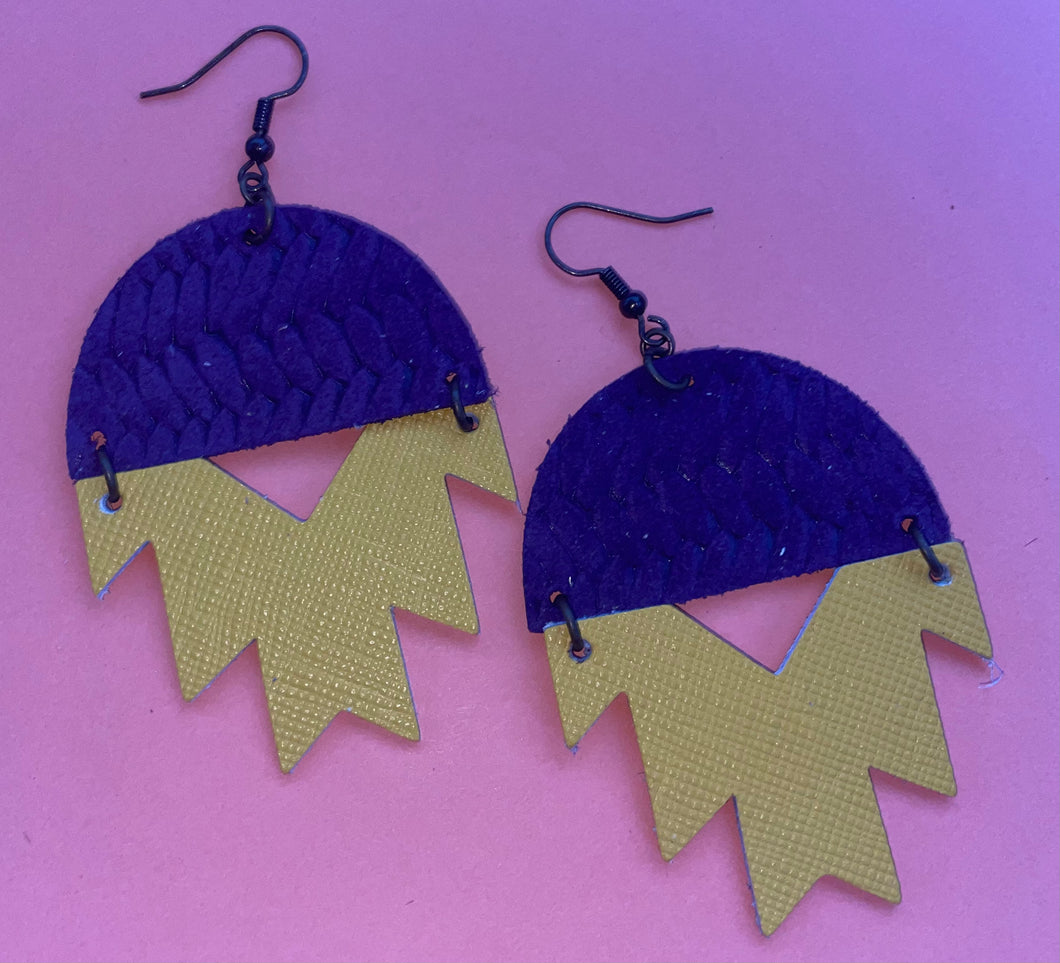 Dark plum purple weave and golden yellow Aztec metallic leather earrings