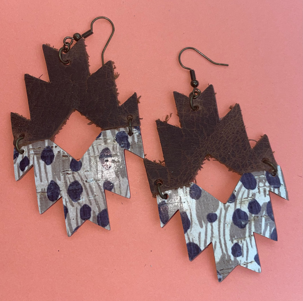 Brown and leopard cork leather Aztec Splint earrings